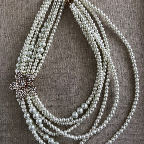 Bloomingdales CLASSIC White 6 strand Pearl Flower pendant bib Collar Necklace - Picture 7 of 15